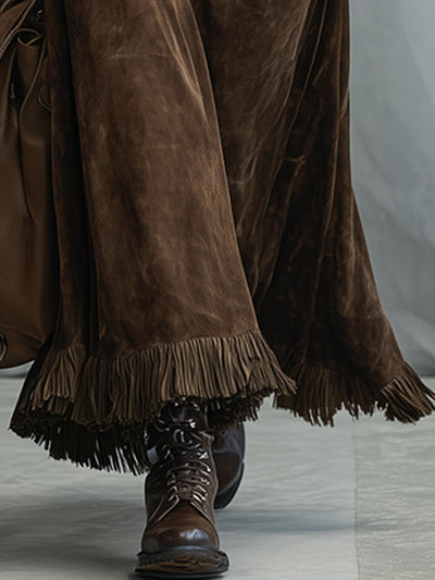 Casual Vintage Cocoa Brown Faux Suede Tassel Skirt