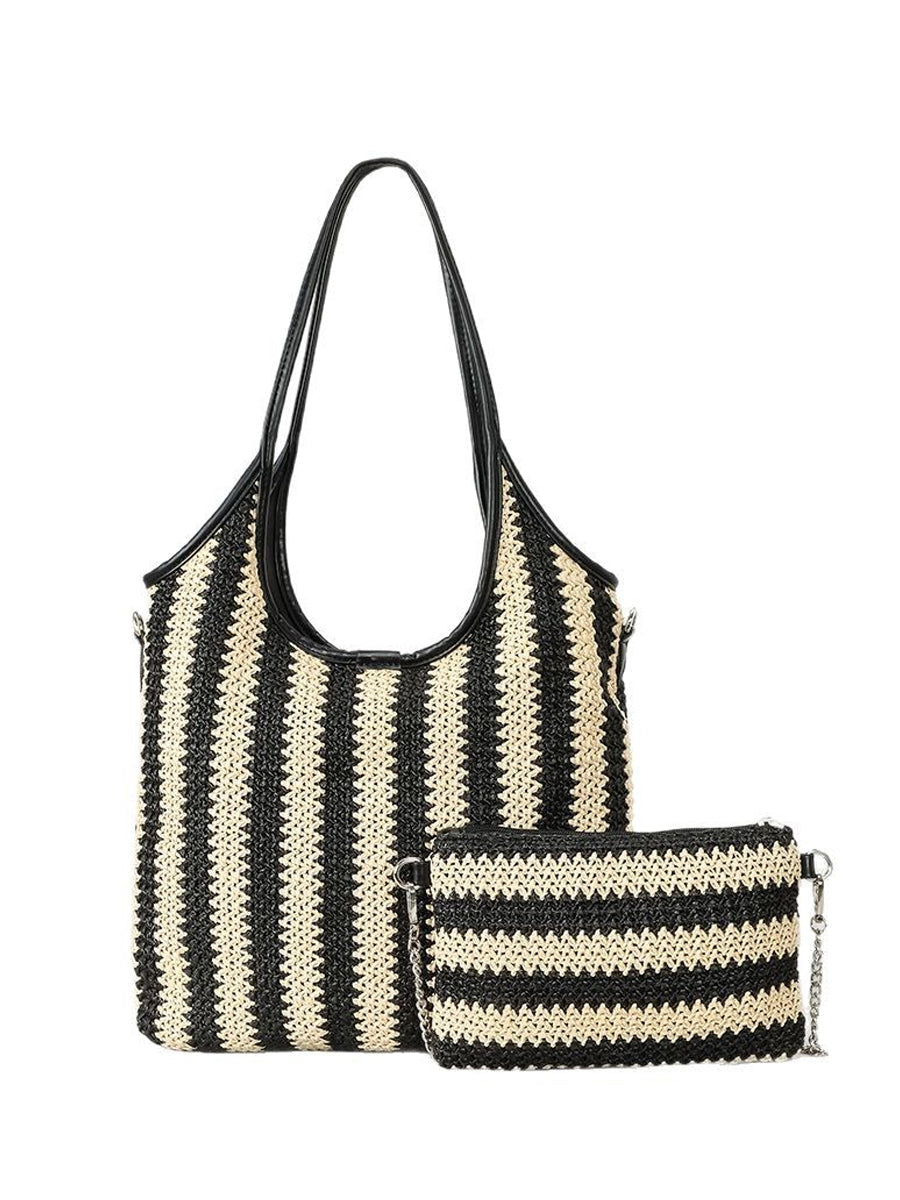Women's Contrast Striped Vintage Straw Shoulder Bag