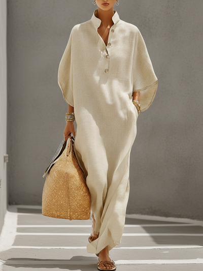 Mandarin Collar Linen Maxi Dress