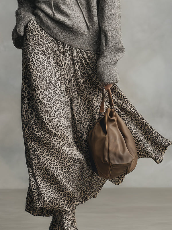 Elegant And Versatile Gray Leopard Print A-line Skirt