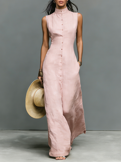 Stand-Collar Linen Maxi Dress