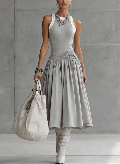 The Gray Ribbed Set — Sculpted Top & Draped Midi Skirt