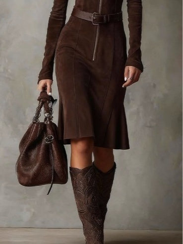 Brown Vintage Zipper Belted Midi Dress