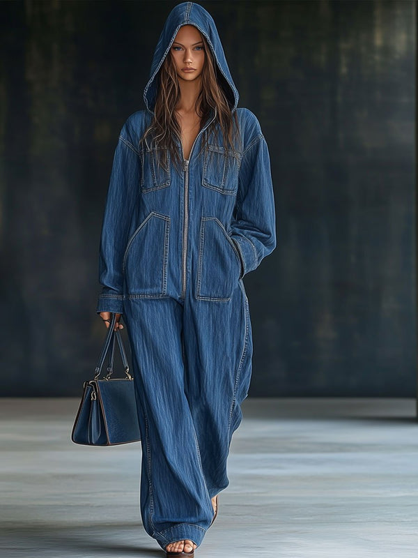 Casual Loose Retro Pocket Long Sleeve Hooded Zipper Denim Jumpsuit