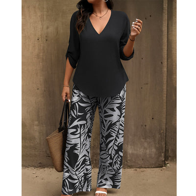 Women's V-Neck Blouse & Printed Wide-Leg Pants Set