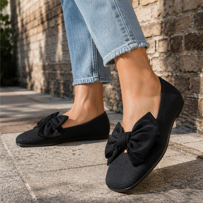 Square-Toe Knit Bow Flat Shoes