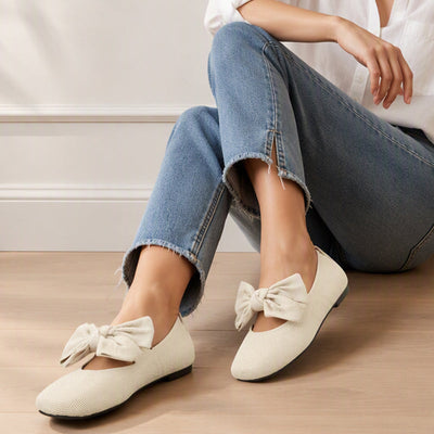 Square-Toe Knit Bow Flat Shoes