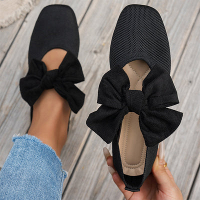 Square-Toe Knit Bow Flat Shoes