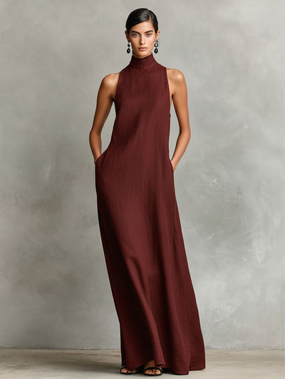 High-Neck Pocket Maxi Dress
